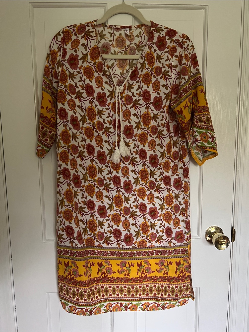 Boho Floral Tie-Front Tunic Dress in Mustard and Rust